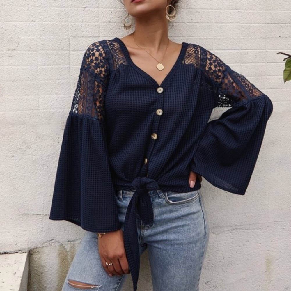 SOLD OUT CLEARANCE Navy Crochet Waffle Knit Button Long Sleeve Top - Picture 2 of 2